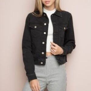 Brandy Melville J. Galt Cropped Black Denim Jacket, Raw Edge Hem, EUC, S
